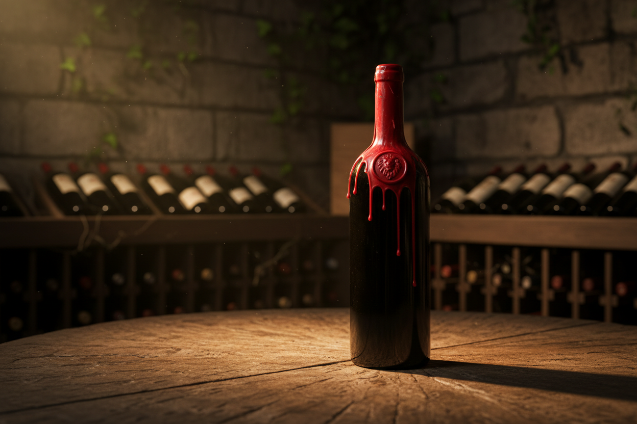 can you generate a image where in the wine cellar there is a bottle on the table with wax on top of the bottle
